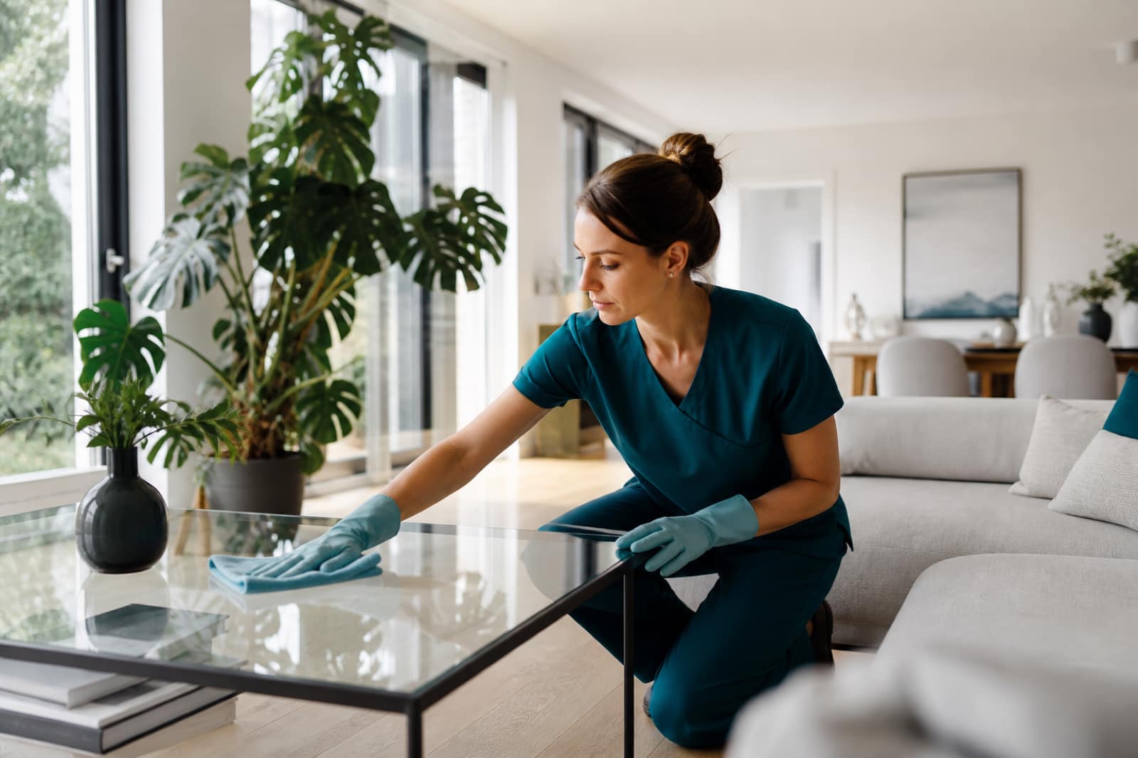 Professionelle Reinigung in einem hellen, modernen Wohnraum